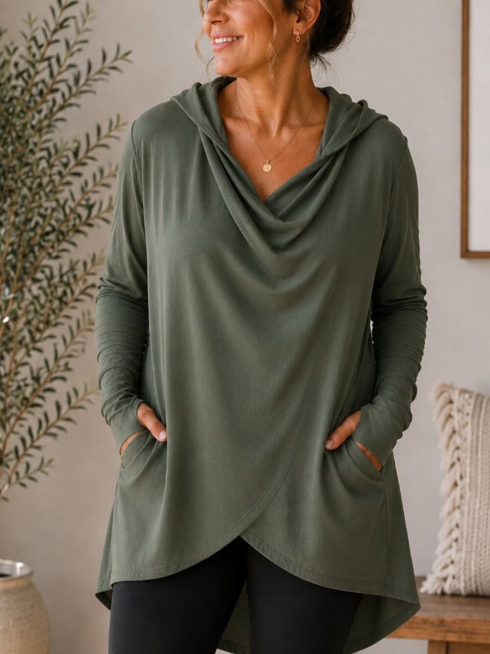 Athleta Purana Wrap Eucalyptus Hooded Cowl Tunic XL Modal Athleisure Yoga NWT